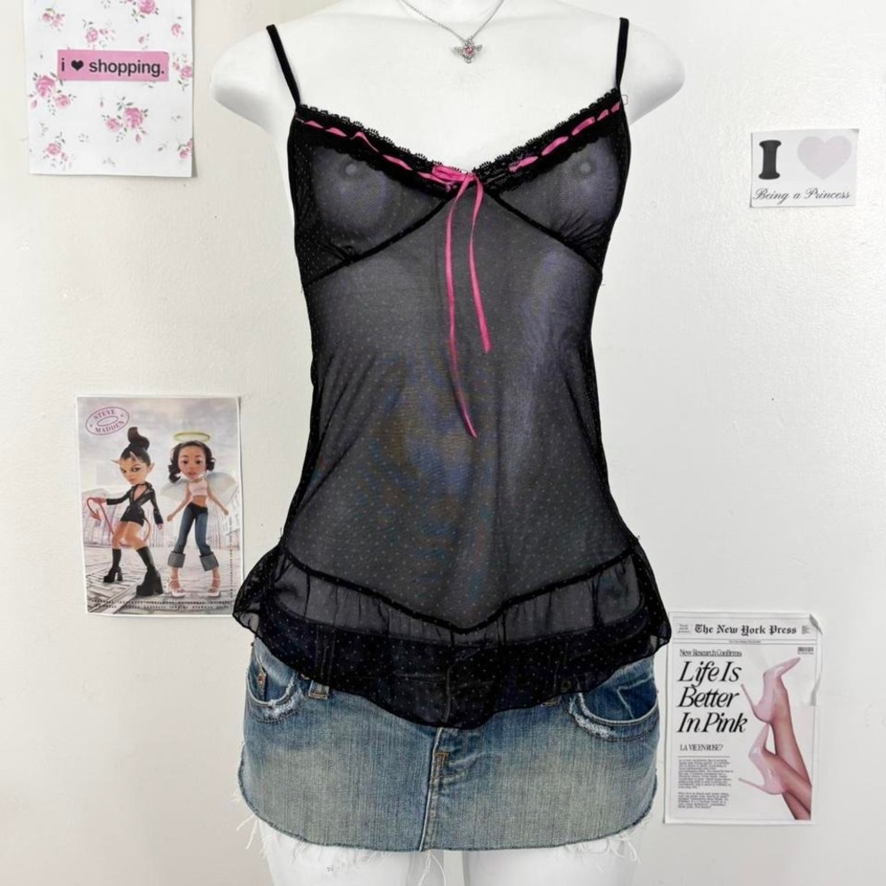 Black‎ Sheer Mesh Babydoll Top — Pink Ribbon Trim / Y2K Lingerie Aesthetic